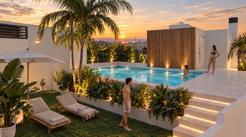 Sea Essence 2 Santa Pola — rooftop pool and lounge area at sunset